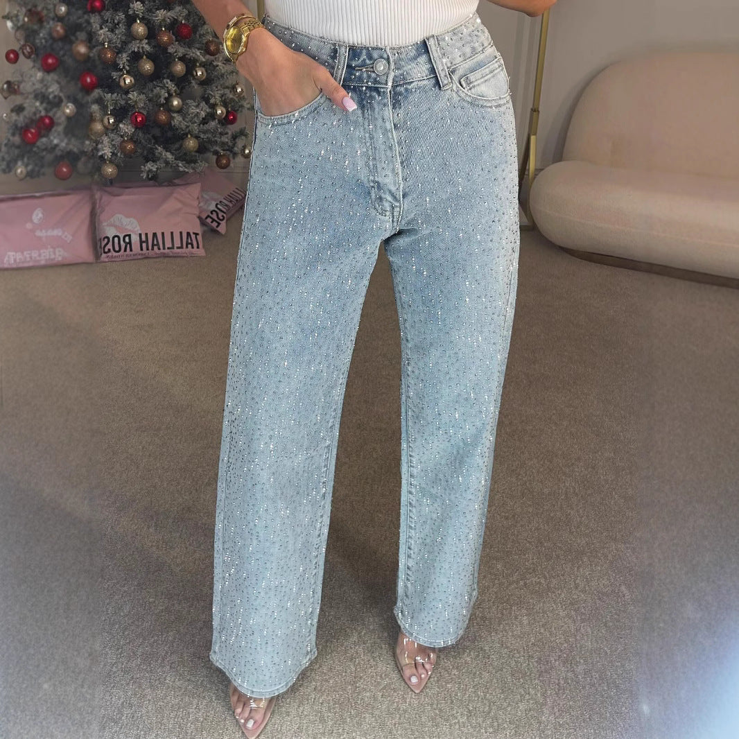 Jean taille haute à strass, coupe droite élégante