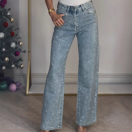 Jean taille haute à strass, coupe droite élégante